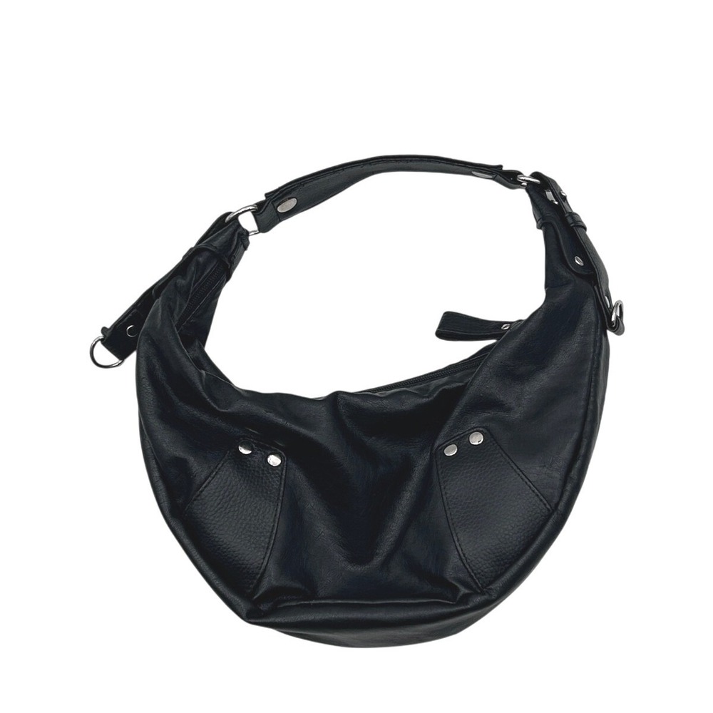 Black Faux Leather Crescent Hobo Shoulder Bag Silver Stud Accents Y2K Style - Picture 2 of 7